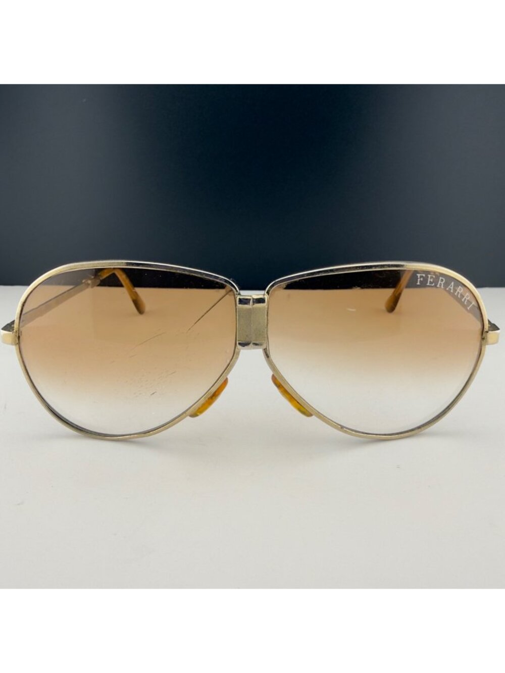Vintage Ferrari Foldable Gold Aviator Sunglasses Brown Gradient Lenses READ